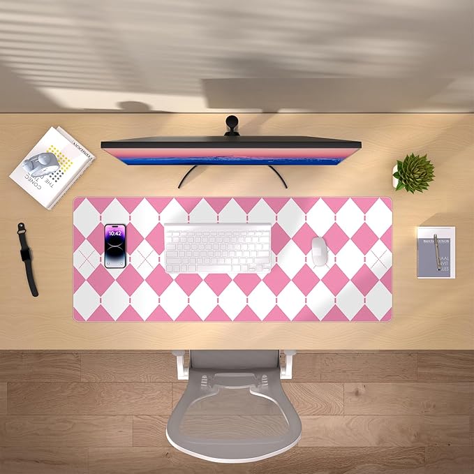 Non-Slip Checkered Desk Pad, PU Leather Computer Laptop Desk Mat, Waterproof Mouse Keyboard Pad, Desktop Protector and Cover, Computer Mat Desk Protector for Home & Office (Pink, 35.4" x 15.7")