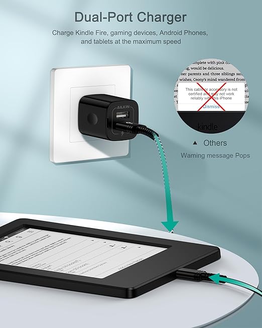 Micro USB Charger, Dual USB Port Wall Block with 6FT Android Fast Charging Cable for Kindle Fire HD 10 8 7 Kids Edition Tablet Paperwhite E-Reader, Samsung J8 J7 Pro S6 S7, Droid Cord AC Power Adapter