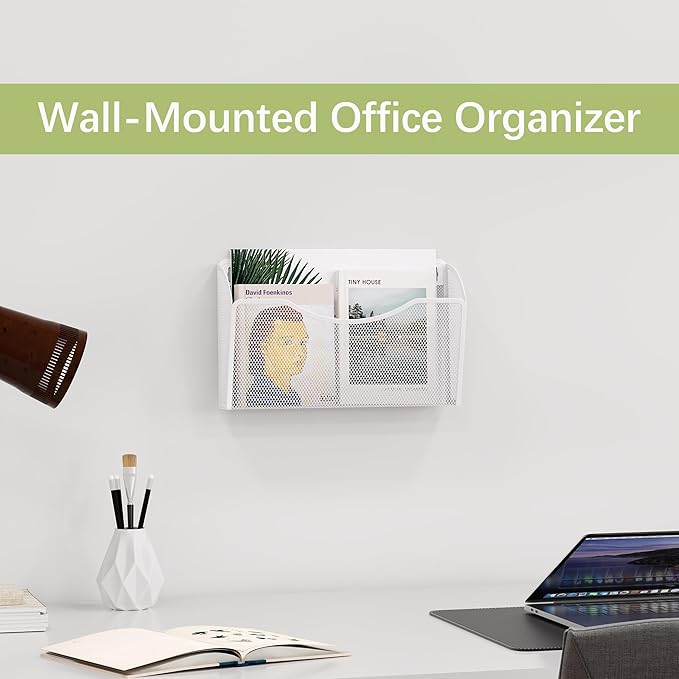EasyPAG Wall File Organizer, Metal Mesh Hanging File Folder Holder for Letter/A4 Size Folders, Vertical Wall Mount Mail Sorter for Office Paperwork, Classroom, White