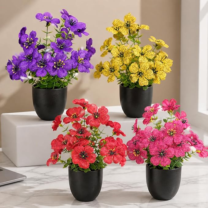 Small Artificial Flowers in Pots, Fake Plants Indoor Small, Spring Decorations for Home Office Desk Accessories, Mini Potted Flowers for Bathroom Shelf