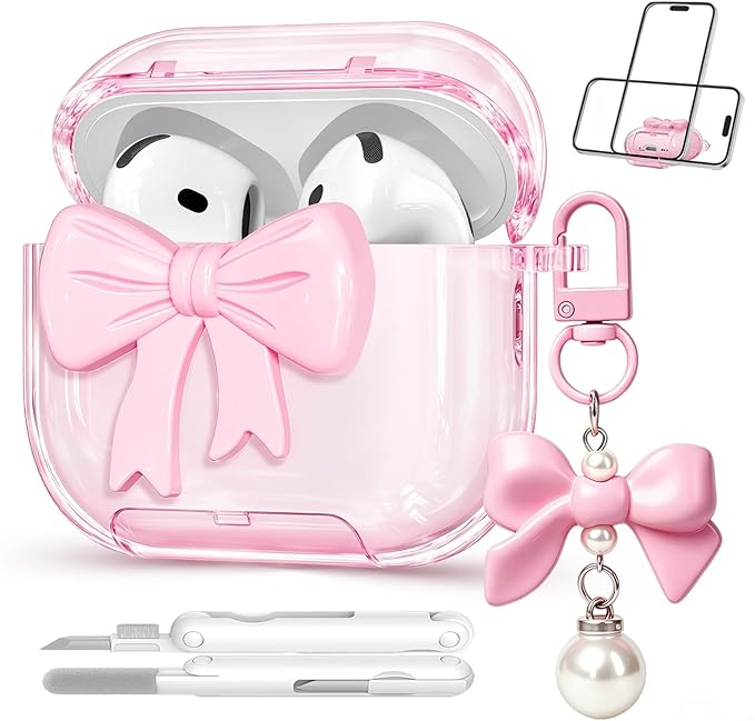 for Airpods 4 Case Pink 2024 with Safety Lock & Phone Stand, 3D Bow Clear iPod 4 Cases with Cute Keychain & Cleaning Kit, Soft TPU Cover for AirPods 4th Generation Case Girls Women
