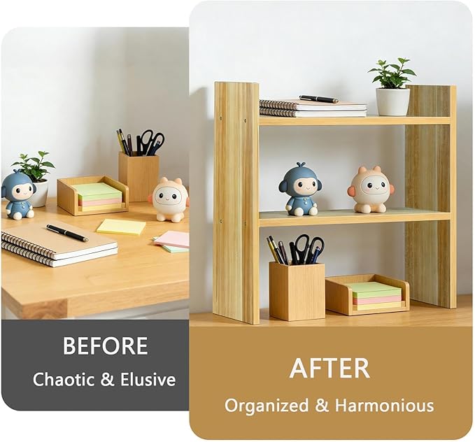 Small Desk Organizer Wood Shelf - 2 Tier Desk Hutch Dorm, Small Bookshelf, Desktop Organization for Office, Kitchen, Counter, Table Top Storage