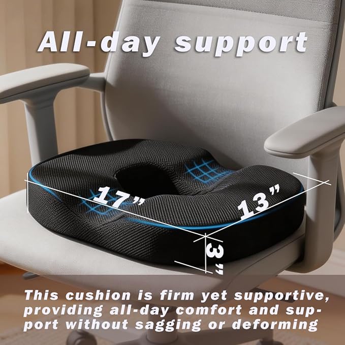 Donut Pillow Seat Cushion for Tailbone Pain Relief, Memory Foam Coccyx Cushion with Ergonomic Cutout, Non-Slip & Washable, Hemorrhoid Support for Office Chair, Car, Postpartum Sitting