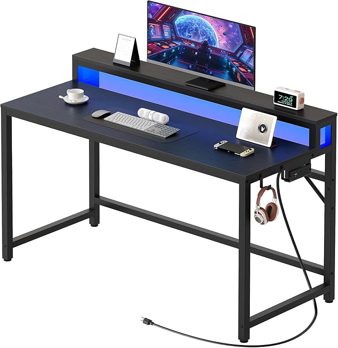 YATINEY 47.2" Computer Desk with Charging Station and LED Lights, Gaming Desk with Monitor Stand, 2-Tier Home Office Desk with 4 Side Hooks, for Living Room, Home Office, Black DN12UDBB