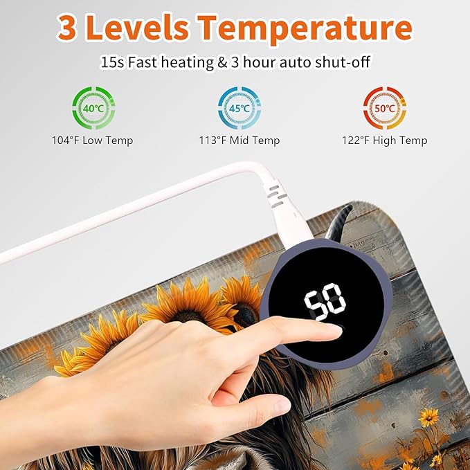 Heated Mouse Pad,Warm Desk Pad with 3 Levels Heating & 3 Hours Auto Shut-Off, PU Leather Heated Desk Pad Warmer Pad for Home Office - 31.5 x 13 inch,Highland Cow Wood Grain