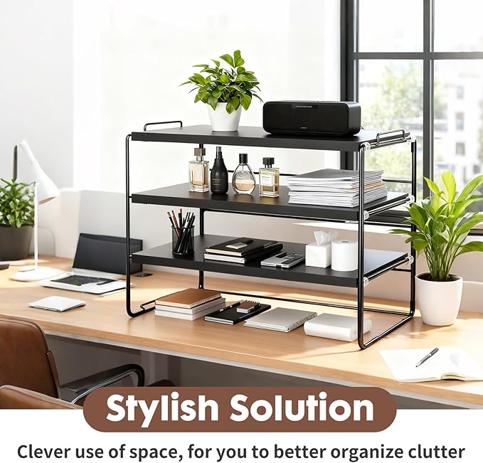 ShellKingdom Desk Shelf Organizer, 3 Tier Desktop Shelves, Adjustable Bookshelf Storage Rack and Office Cubicle Decor for Tabletop, School, Office, Dorm Organization (Black)