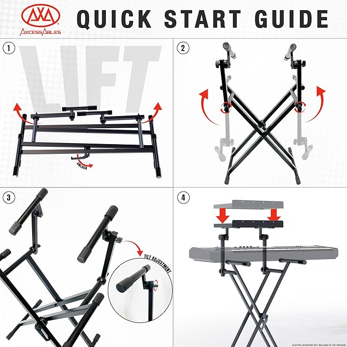 AxcessAbles Dual Piano Keyboard Stand with 2nd Tier – X Style Adjustable and Portable Heavy Duty 2 Tier Stand for Synths, Laptops, Tablet, Sheet music and Digital Keyboards – Fits 54, 61, 64, 88 Key Pianos. Electric Piano and Sheet Music Stand