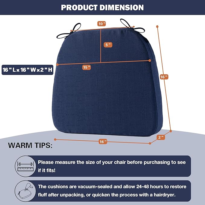 Battilo Chair Cushions for Dining Chairs with Ties, Kitchen Chair Pad with Non-Slip Backing and Removable Cover, Indoor/Outdoor Dining Seat Cushion, 16"x16"x2", Set of 4, Navy