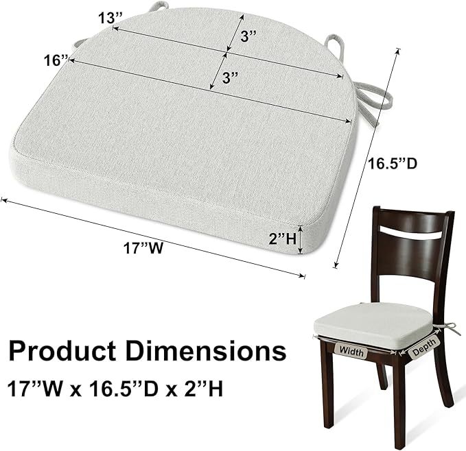 Shinnwa Kitchen Chair Cushions, Non-Slip Dining Chair Cushions with Ties and Machine Washable Cover, 17 x 16.5 x 2in, Off White