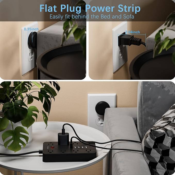 15 Ft Long Extension Cord Power Strip with Multiple Outlets, HUNIAN Flat Plug with 8 Widely Spaced Outlets 6 USB, Wall Mount Charging Station for Home and Office, Black