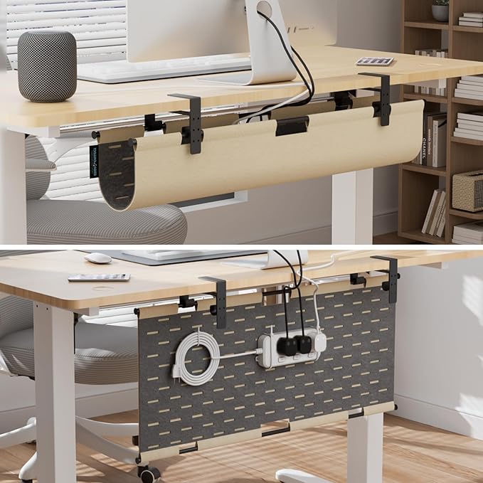 No Drill Under Desk Cable Management Tray, 30" Felt Cord Organizer for Table, Clamp/Screw Mount Wire Management with Privacy Panel for Standing Desk & Home Office (Khaki/Gray)