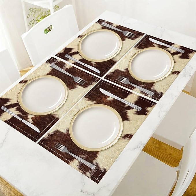 Cow Fur Placemats Farmhouse Western Farm Animal Skin Brow and White Cowhide Print Linen Washable Table Mats Stain Heat-Resistant Desktop Decor Place Mats for Home Kitchen Dining Party 12x18 in 6 Pcs