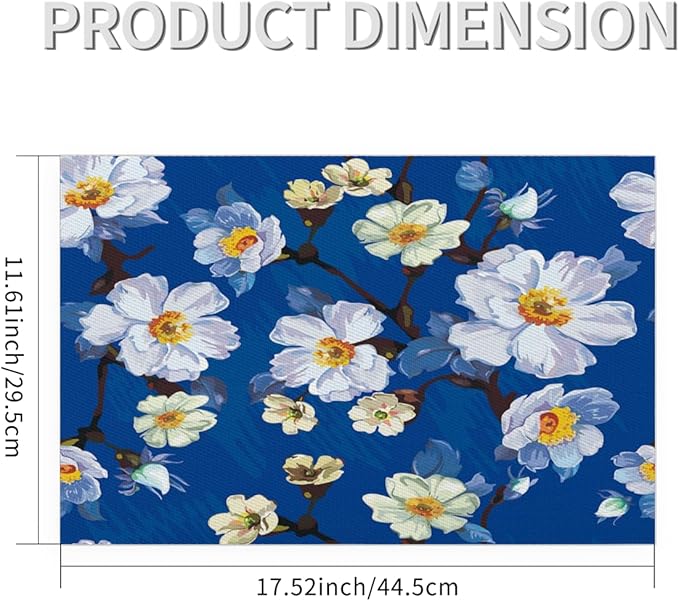 Placemats Set of 4 Heat-Resistant Rectangle Place Mats Painting Blue Flower Washable Plastic PVC Dining Table Mat Non-Slip Wipeable Woven Vinyl Placemat for Kitchen Patio Table Decor