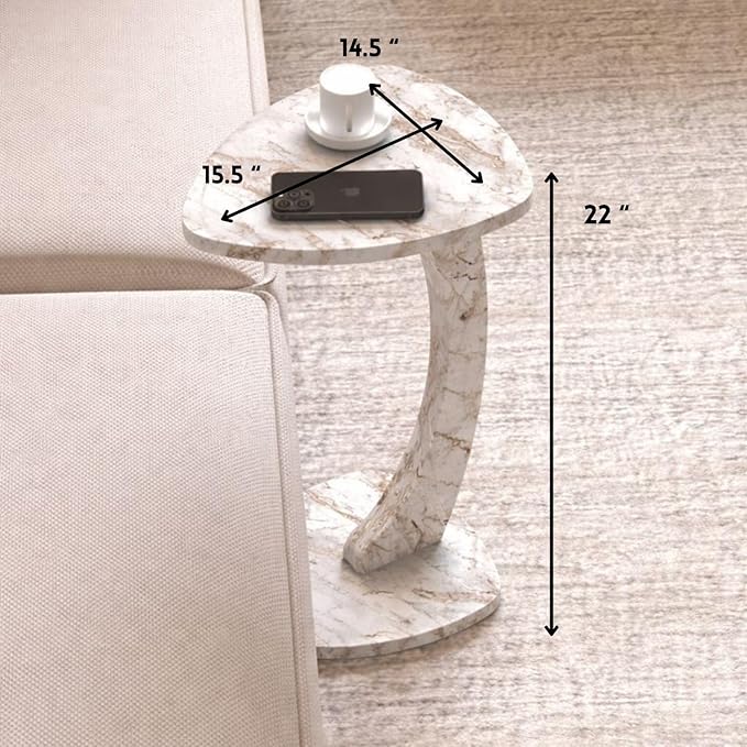 C Shaped Triangular Top Table for Couch Small Places, Space Saver Sheild Top Side Table for Sofa and Bedside with Wheels, Coffee and Eating Snack for Living Room, Office (White Marble)