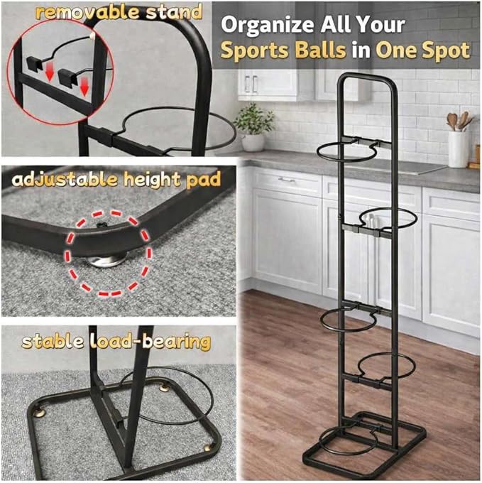 Vertical Ball Rack -basketball rack- Durable Carbon Steel Storage for Basketball, Soccer, Volleyball, and More - Easy to Assemble, Waterproof, Sturdy - 56.7" H