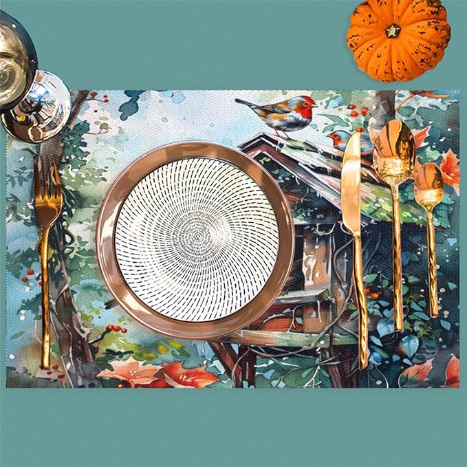 Placemats Set of 4 Heat-Resistant Rectangle Place Mats Robin Christmas Xmas Washable Plastic PVC Dining Table Mat Non-Slip Wipeable Woven Vinyl Placemat for Kitchen Patio Table Decor