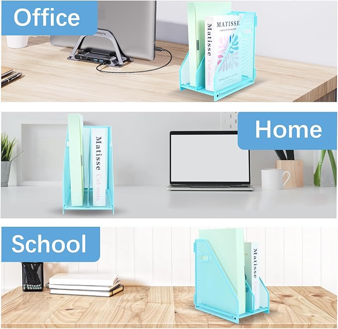 Desk Organizers Metal Magazine File Holder Racks Desktop Folder Storage Binder Organiser Document Organization for Home Office & Classroom,2 Vertical Compartments-Blue