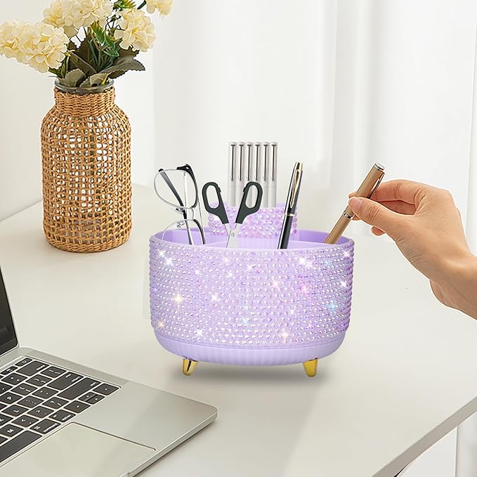 Bling Purple Phinestone Desk Organizer with 5 Slots 360 Degree Rotating，Bling Pen Holder Makeup Brush Holder for Women, Silver Rhinestone Office Accessories(Purple)