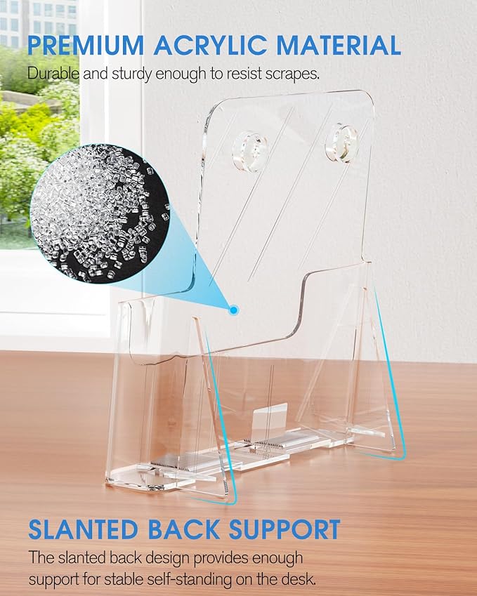 KTRIO Acrylic Brochure Holder 8.5 x 11 Clear Literature Display Stand, Plastic Flyer Holder for Trifold Brochures, Menus, Magazines, Pamphlets, Documents, Desk or Wall Mount, 4 Pack