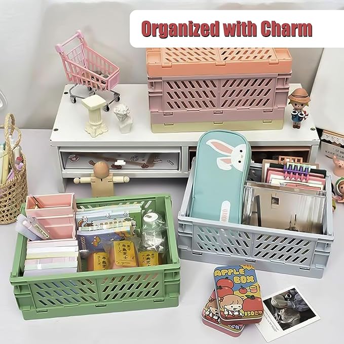Tobeso-Nuoze Pastel Plastic Storage Baskets 2 Pack, Collapsible Crates for Organizing, Space-Saving Bins for Kitchen, Office, Bedroom (Grey, Medium:9.8" x 6.5" x 3.8")