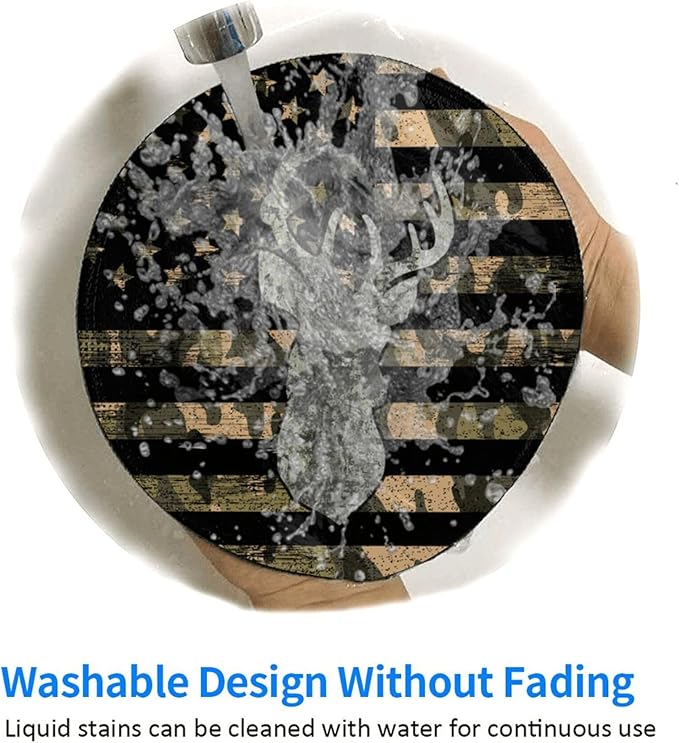 Camo American Flag Deer Round Mouse Pad Premium Textured Mouse Mat Washable Mousepads with Extended Stitched Edges Non Slip Rubber Base Small Mousepad 7.9 X 7.9 X 0.12 Inches