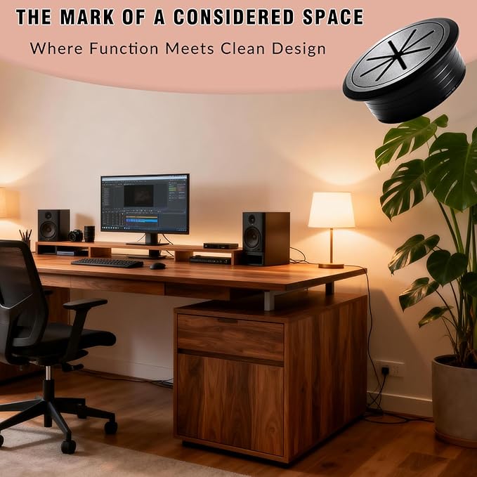 Desk Grommet Kit - 8 PCS 2 Inch Black ABS Plastic Cable Hole Cover with Soft Rubber Liner & Included Hole Saw - Cord Grommet for Wire Management on Countertops, TV Stands & Office Tables