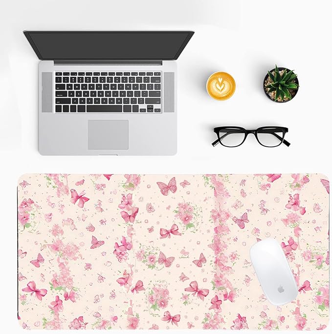 Butterfly Theme Desk Mat for Women, Large PU Leather Desk Pad with Non-Slip Base, Romantic Office Keyboard Mat for Gaming & Home Work, Enchanting Gift Idea（27.56 * 13.78in）