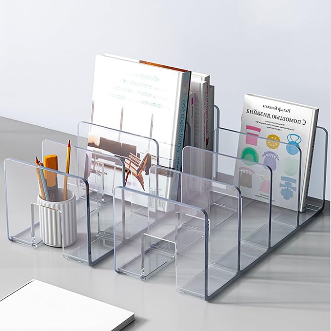 2PCS Acrylic File Organizer for Desk, Desktop Document/Mail Organizer, 4 Compartments Plastics Invisible Bookshelf Floating (12.5" x 5.7" x 5", Black)