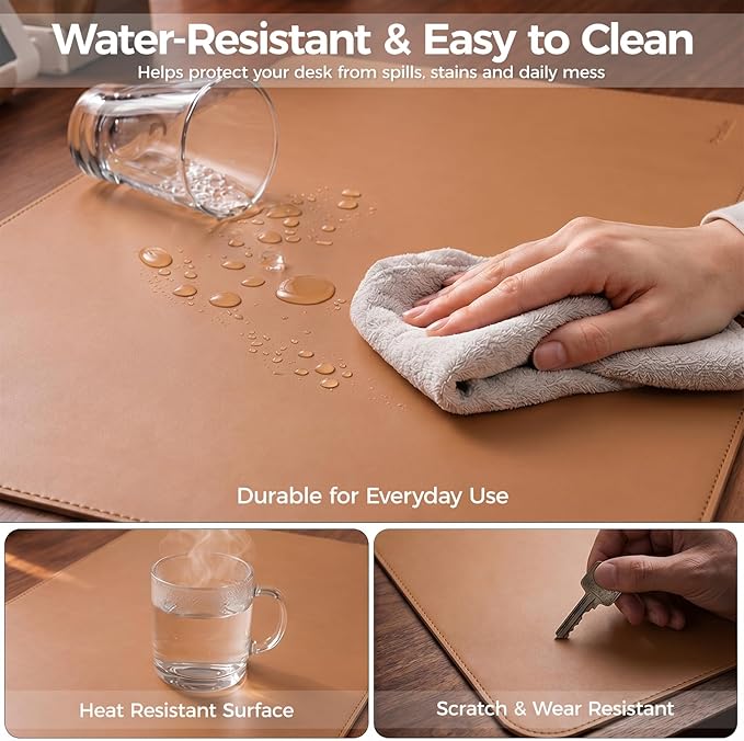 Large Desk Pad Non-Slip Desk Mat Protector for Keyboard Mouse Waterproof Vegan Leather Surface Faux Leather Laptop Mat Smooth Mouse Pad Premium Gift Tube Caramel Brown 39" x 17"