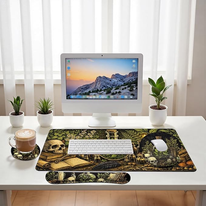 Dark Alchemy Desk Mat Set Witch Herbal Skull Study Large Mouse Pad with Wrist Rest 4in1 Desk Mat for Desktop Ergonomic Computer Desk Arm Wrist Anti-Slip Computer Mouse Pad Home Office Gaming