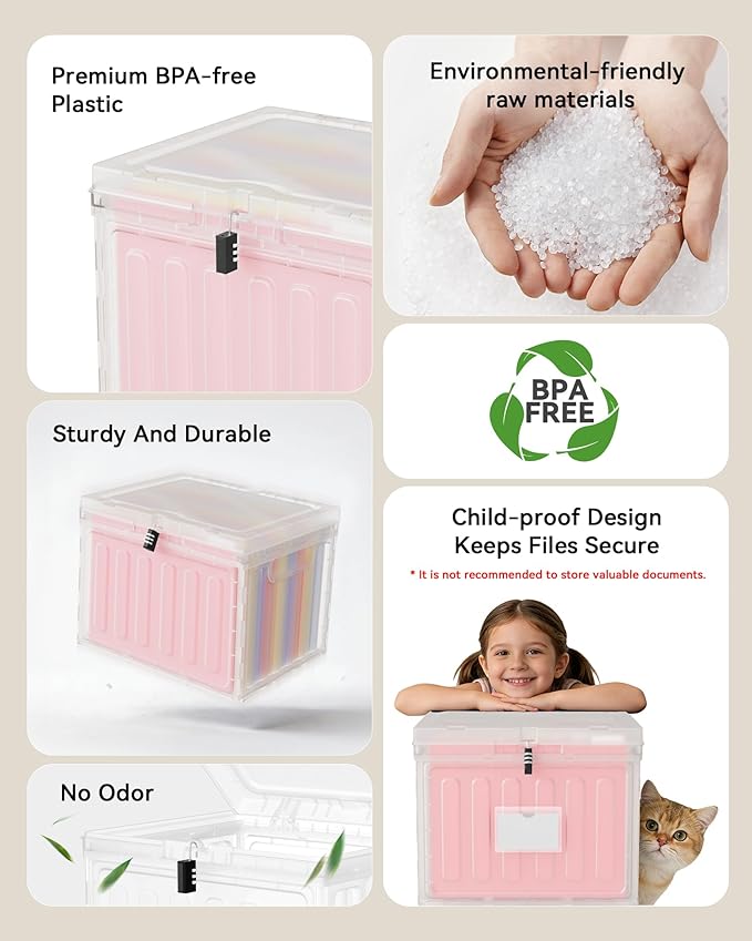 Small File Cabinet, Plastic File Box with Lid for Letter Size Hanging File Folders, Easy Carry Filling Box for Home, Office, School, Vertical File Cabinets, Stackable Storage Bins(Clear, 1 Pcak)
