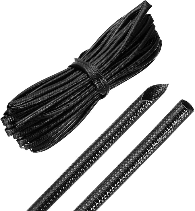 MECCANIXITY 49ft Braided Cable Sleeve, 1/4" ID 200C Heat Resistant 1500V Fiberglass Wire Insulation Cord Protector Organizer Wires Management for Motor Engine Fuel Line, Black
