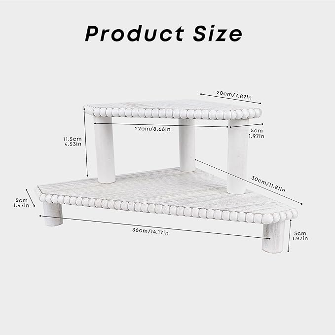 2-Tier Rustic Corner Shelf for Kitchen Counter,Wood Beaded Farmhouse Countertop Organizer with Removable Feet, Stackable Bathroom Vanity & Coffee Bar Decorative Riser Stand(Rustic White)