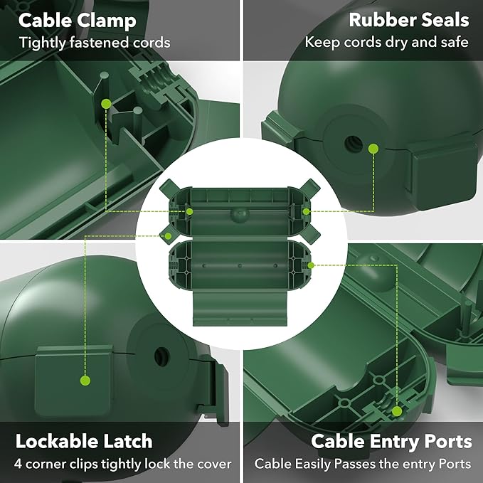 BN-LINK Outdoor Extension Cord Safety Cover, Cord Connector Protector Waterproof with 4 Latches, Plug Cover for Holiday String Lights & Tools, Green, 1 Pack