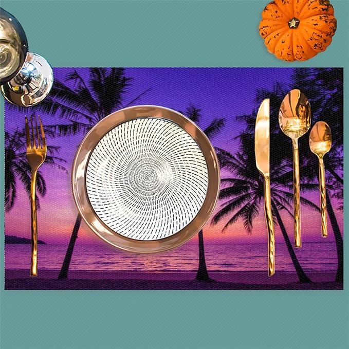 Placemats Set of 4 Heat-Resistant Rectangle Place Mats Beach Purple Sunset Washable Plastic PVC Dining Table Mat Non-Slip Wipeable Woven Vinyl Placemat for Kitchen Patio Table Decor