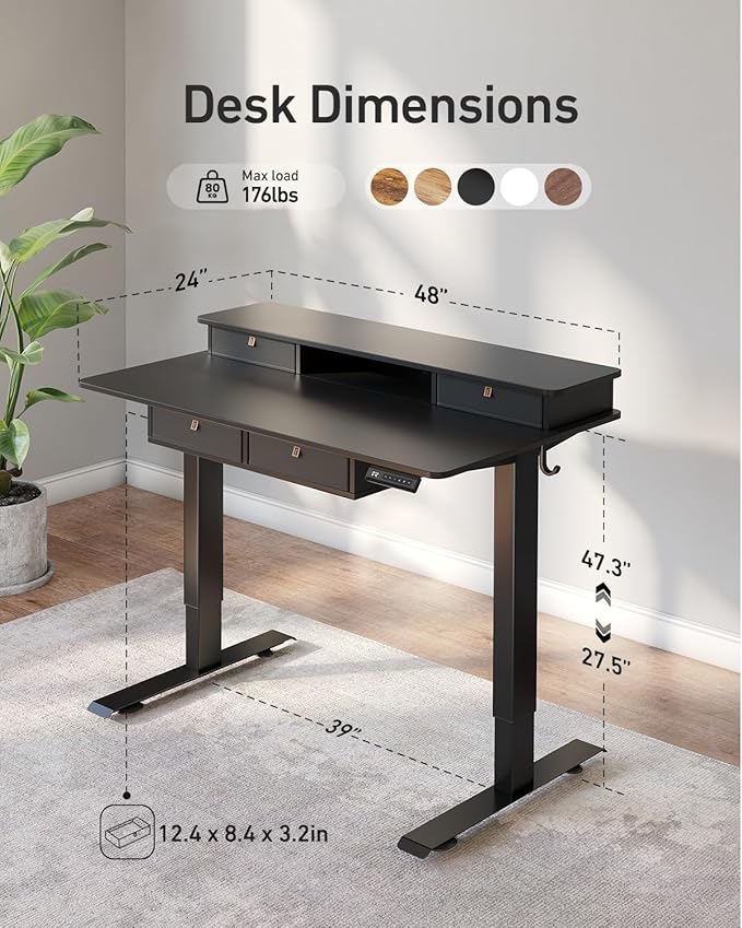 FEZIBO 48 x 24 inch Standing Desk with Drawers, Height Adjustable Electric Workstation, Computer Sit Stand Up Table with Large Storage Shelf 4 Drawers and 2 Hooks, Black