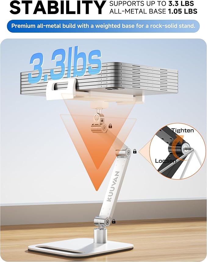 Portable Monitor Stand Holder for 15.6'',17.3'', Tablet Stand Holder for iPad, Aluminum Alloy Foldable Arm Mount with 360° Swivel Desk Mount Compatible with 4.7-17.3inch Tablet (White)
