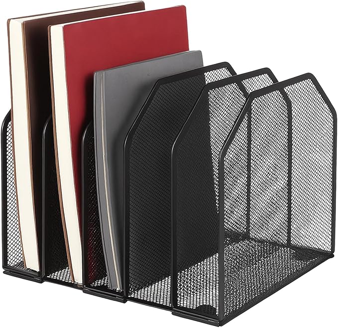Desk File Organizer Vertical 5 Sections Metal Adjustable Magazine Holder Upright Desktop Bookshelf Organizer Stand File Sorter Office Desk Accessories Black