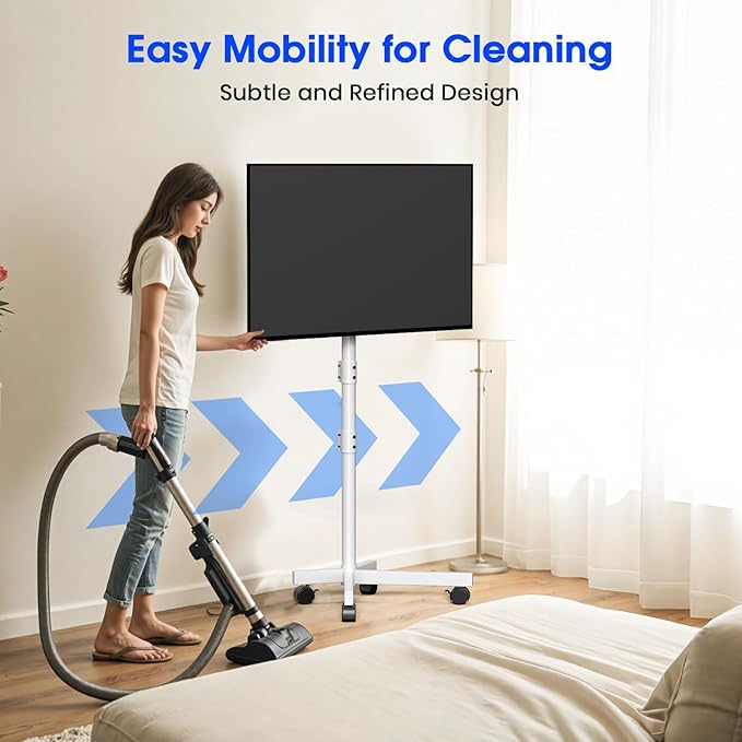 Mobile TV Stand for 23-60 Inch LCD LED OLED Flat Panel Curved Screen TVs up to 88 lbs, Tilt and Height Adjustable, Locking Rolling Wheels TV Cart, Max VESA 400x400mm, White