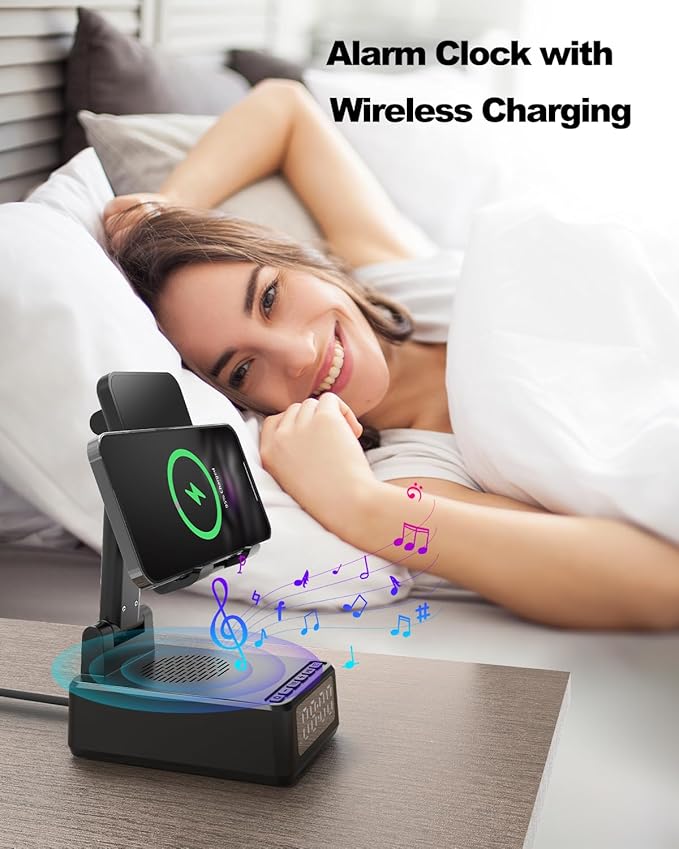 Birthday Gifts for Men Women,Cell Phone Stand with Wireless Bluetooth Speaker,Wireless Phone Charger Stand Alarm Clock for iPhone,Holiday Gifts for Men Women Dad Mom Husband Teen Cool Tech Gadgets