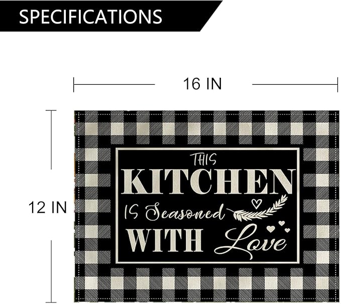 4Pack Farmhouse Decor Placemats Black White Buffalo Plaid Kitchen Inspirational Quotes Decor Table Mats Waterproof Heat Resistant Washable Non-Slip Place Mats for Dinner Kitchen Decor Table 12”×16”