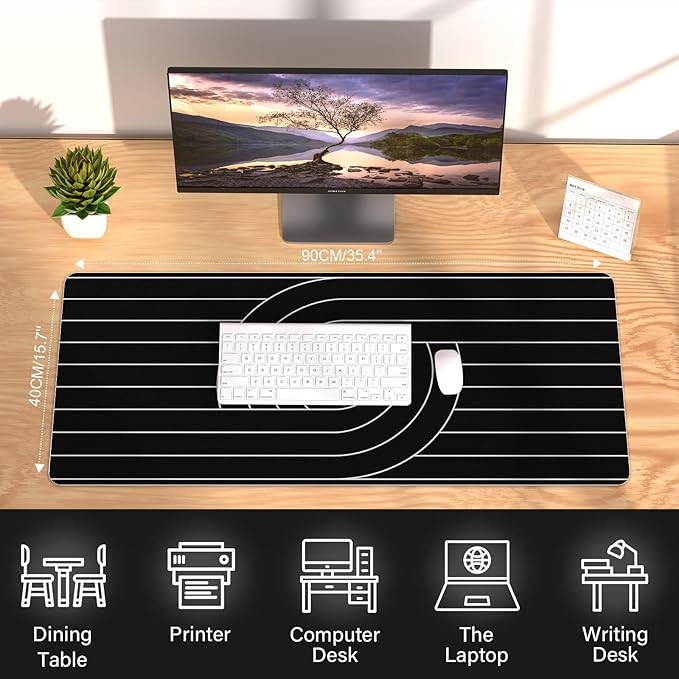 Large Office Leather Desk Mat, 35.4" x 15.7" Non-Slip Desk Blotter Pad, Waterproof Laptop Desk Mat, Desktop Protector and Cover, Writing Mat for Office and Home (Black, Line)