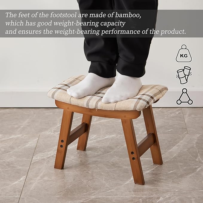Kitsanery Foot Stool,Ottoman,Bamboo Small Sofa Foot Rest Under Desk,Extra Seating for Living Room, Bedroom and Kitchen (Brown Stool Legs - Stripes Surface)