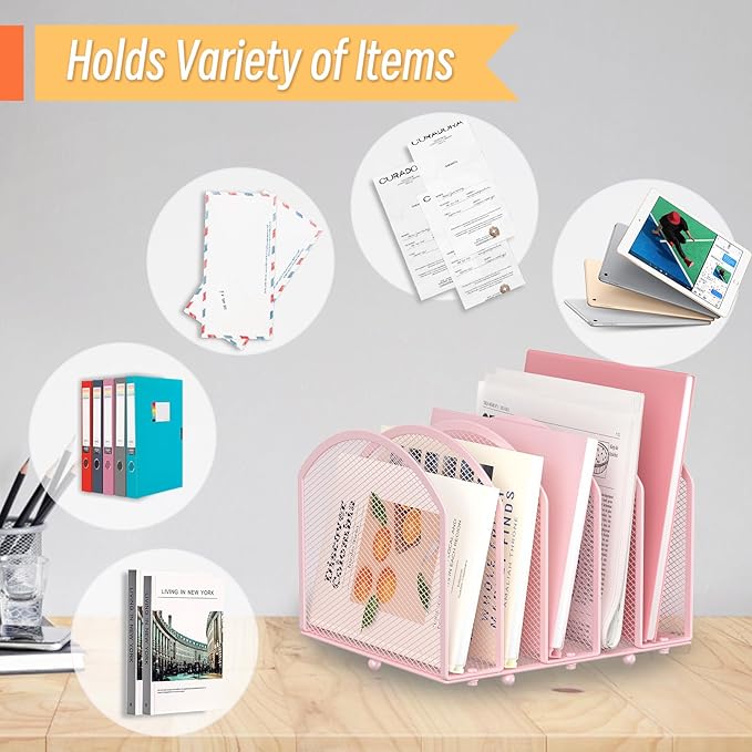 MINDEPOT Desk File Organizer 5 Sections Desktop Organizer File Sorter Office Organization File Folder Holder for Office School & Classroom (Pink, 5 Section - 1Pack)
