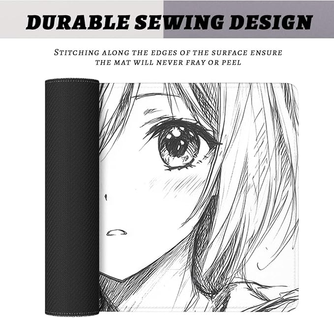 Anime Girl Gaming Mouse Pad Minimal Monochrome Sketch Large Gaming Mouse Mat with Stitched Edges,Non-Slip Waterproof Rubber Base Mous Mat Office Computer Keyboard Laptop 31.5"x11.8"
