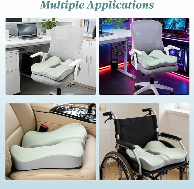 SheRest Seat Cushion, Ergonomic Memory Foam Cooling Cushion, Pressure Relief Suitable for Long Sitting Hours on Office Chairs, Desks, Cars and Airplane Seats, Green