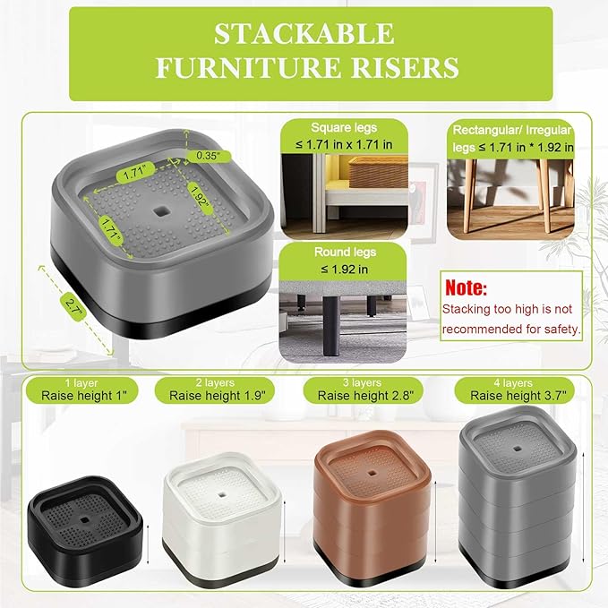 4 Pack Furniture Risers 3 Inch, Adjustable Bed Risers Heavy Duty for Table Desk Couch Chair Sofa Cabinet Bed Legs Dorm, Square Stackable Bed Raisers Blocks Lift Height 1", 2",3" or 4", Grey