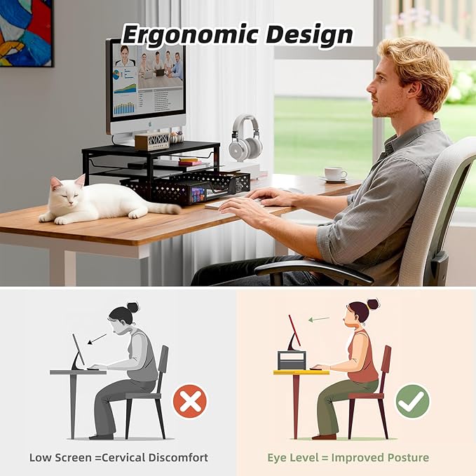 Simple Trending Desk Organizer and Accessories, Computer Monitor Stand Riser with Drawer, Metal Laptop Stand for Desk, Black