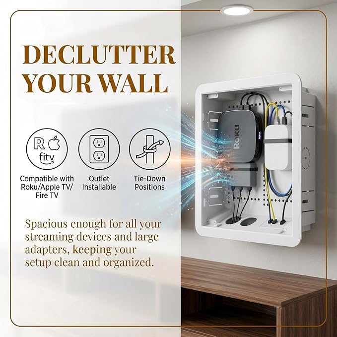9'' in-Wall Media Box & Recessed Outlet Box with Cable Management - Structured Media Enclosure Compatible with Streaming Media Players - WiFi Friendly Design