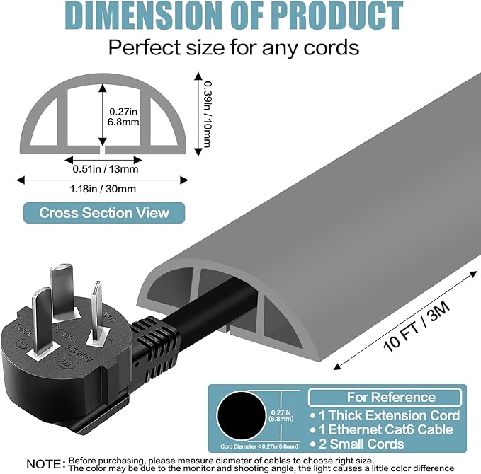 Floor Cord Cover Self Adhesive Cord Hider,10FT Cable Management, Extension Strip Protector for Wires, Prevent Cable Trips for Offices, Gyms, Exhibitions Cavity:0.39"(W) x 0.27"(H) Gray